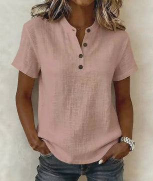 Dames Casual Linnenlook Blouse met Korte Mouwen en Henley Hals - Zomerse Relaxed Fit Top
