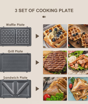 3-in-1 Wafelijzer, Grill & Tosti Apparaat met Verwisselbare Platen