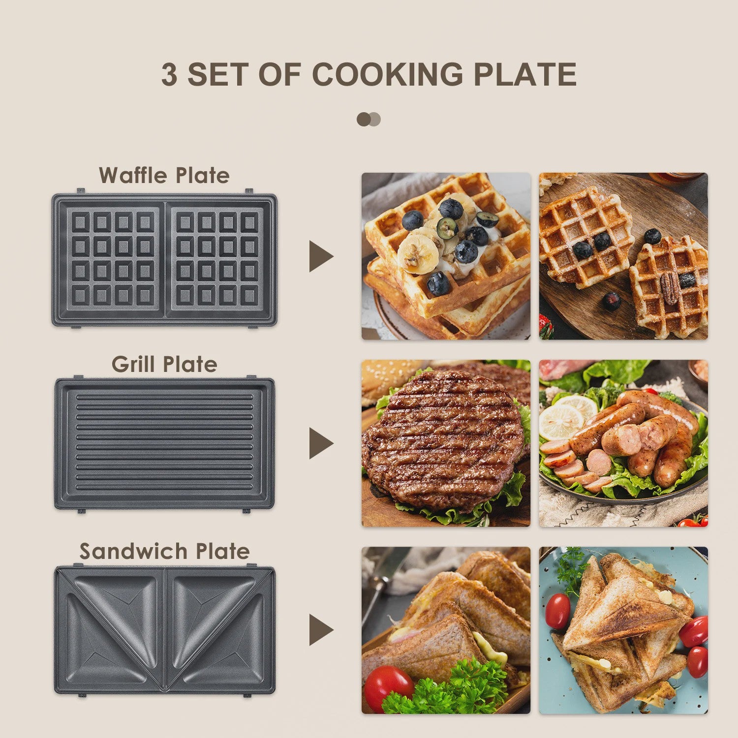 3-in-1 Wafelijzer, Grill & Tosti Apparaat met Verwisselbare Platen