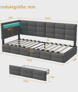 Multifunctioneel Sofa Bed met LED Verlichting, USB Opladen en 2 Lades - 90/140x200cm