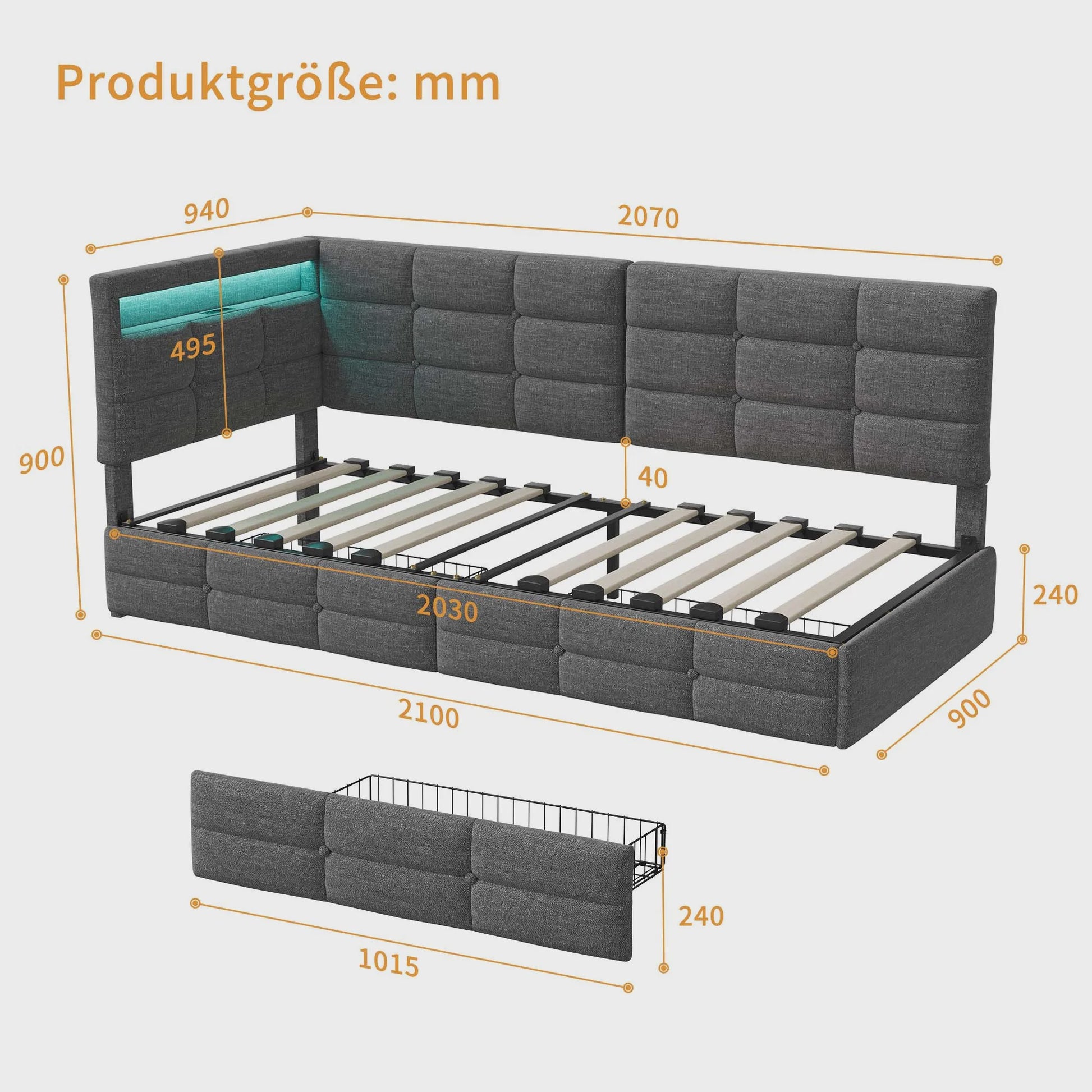 Multifunctioneel Sofa Bed met LED Verlichting, USB Opladen en 2 Lades - 90/140x200cm