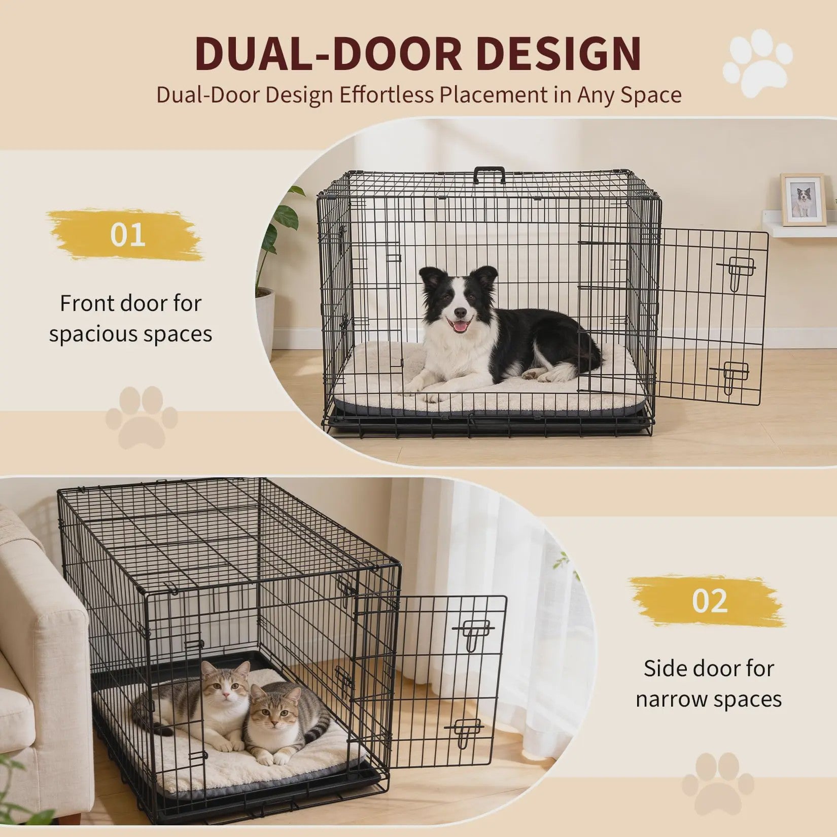 Dubbeldeurs Metalen Hondenkennel 24-48 inch - Inklapbaar met Uitneembare Tray