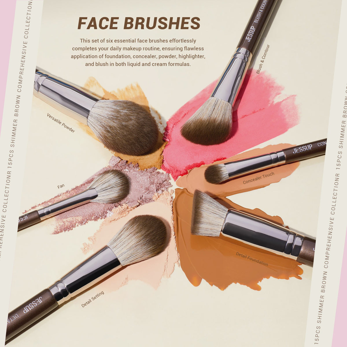 Jessup 15-delige Vegan Make-up Kwasten Set - Bruin - Foundation, Concealer, Poeder, Oogschaduw