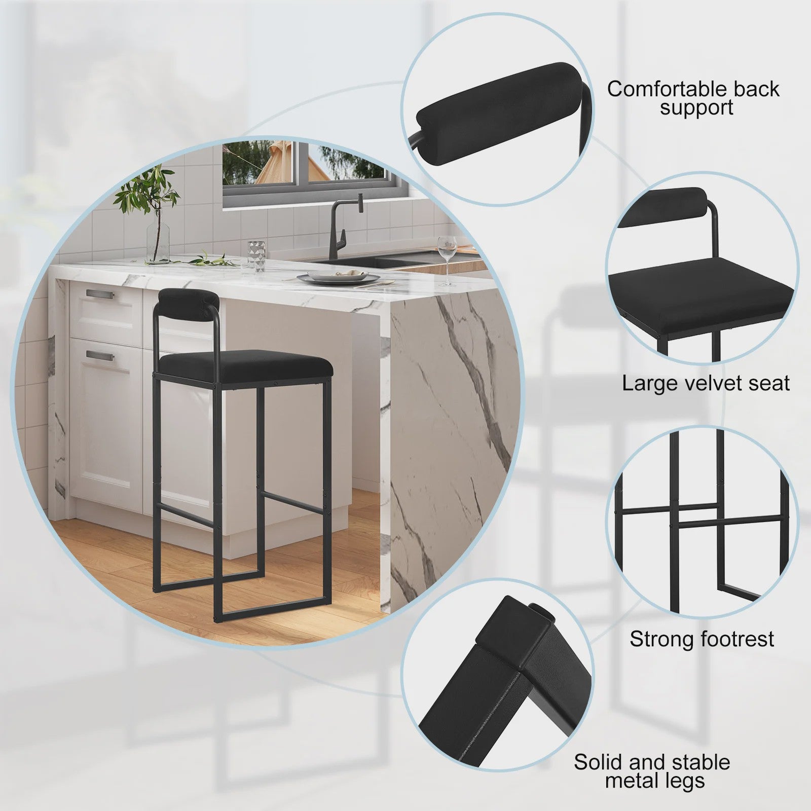Set van 2 Moderne Keuken Barkrukken met Rugleuning en Voetensteun - Ergonomisch Design