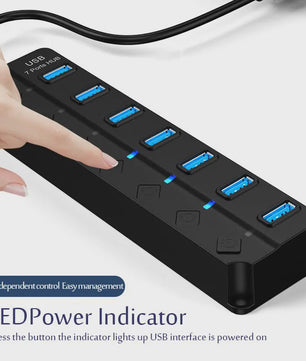 USB 3.0 Hub met 7 Poorten en Individuele Schakelaars - Uitbreidingsstation voor PC en Laptop