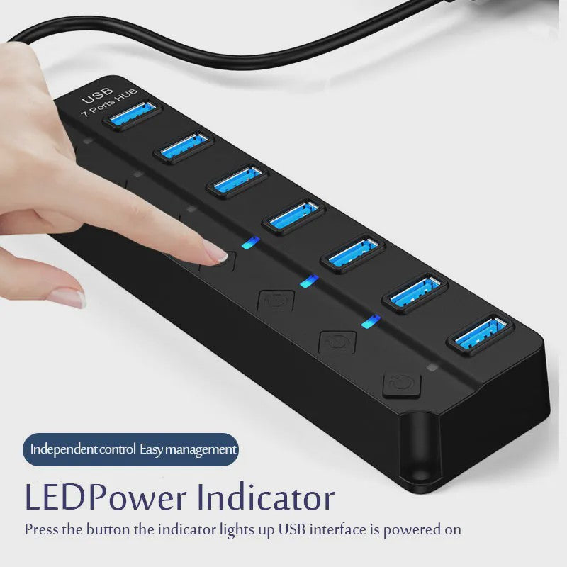 USB 3.0 Hub met 7 Poorten en Individuele Schakelaars - Uitbreidingsstation voor PC en Laptop