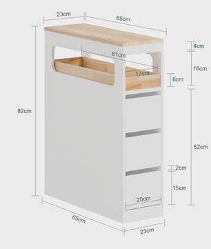 Smalle Badkamerkast met 3 Lades en Afneembare Tray - Houten Bovenblad