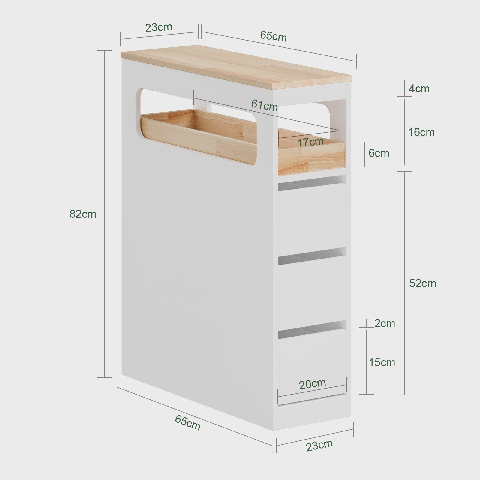 Smalle Badkamerkast met 3 Lades en Afneembare Tray - Houten Bovenblad