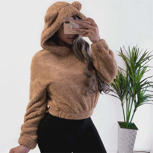 Schattige Fluffy Hoodie met Berenoren - Dames Winter Pullover