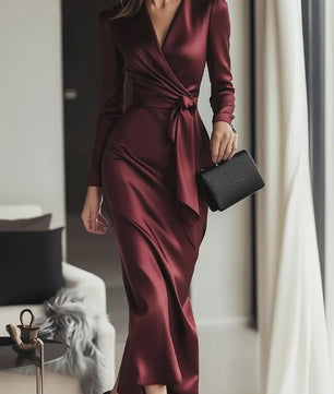 Elegante Damesjurk met Lange Mouwen en Tailleband - Hepburn Stijl