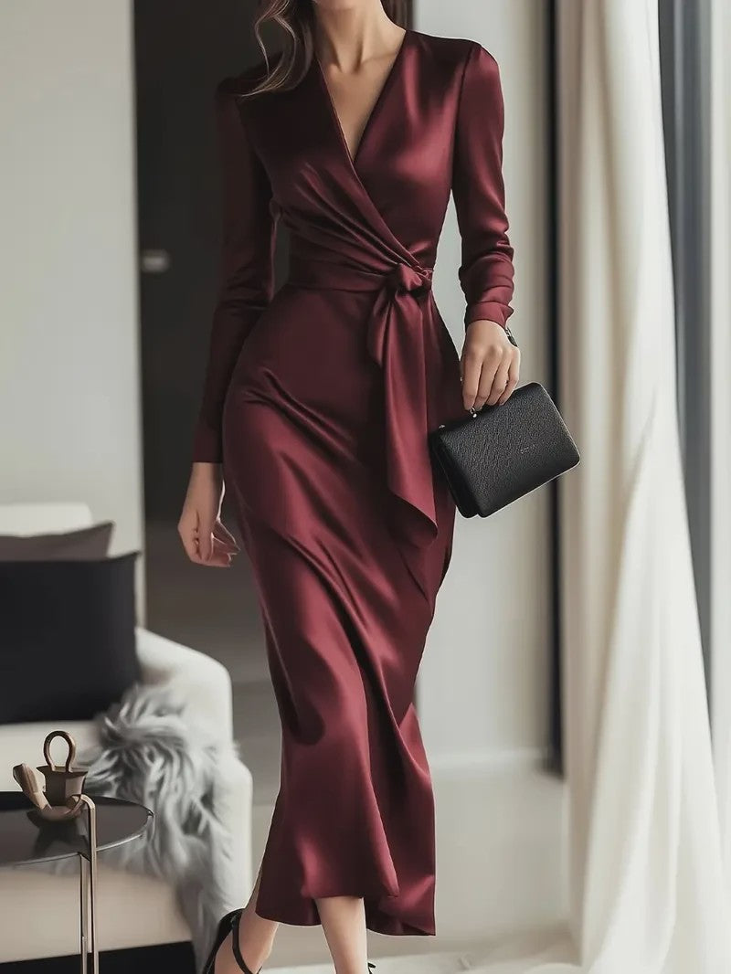 Elegante Damesjurk met Lange Mouwen en Tailleband - Hepburn Stijl