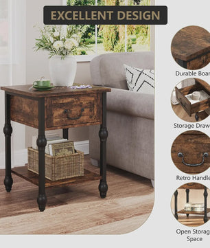 Industriële Nachtkastje met Lade en Open Plank - Vintage Bijzettafel Retro Bruin