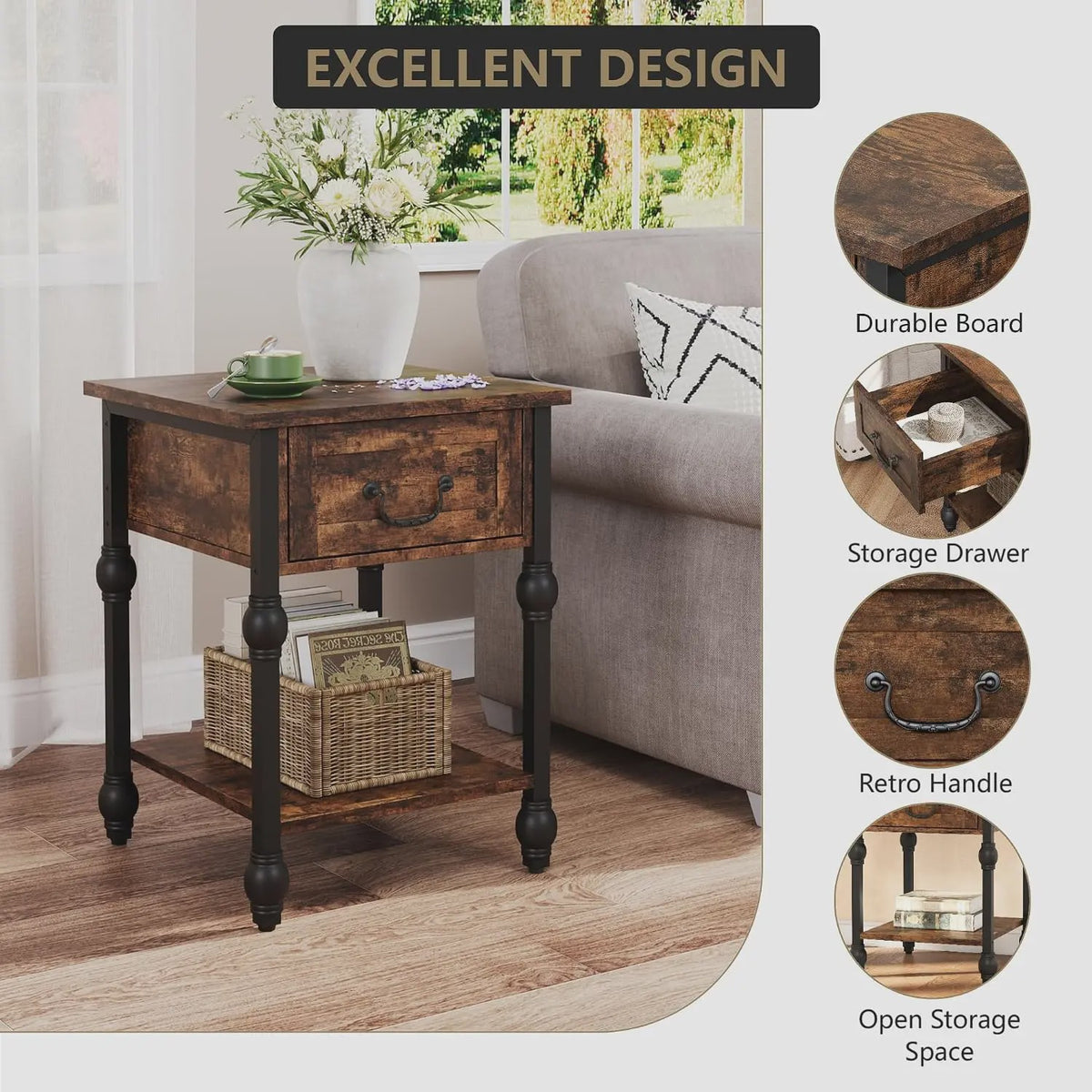 Industriële Nachtkastje met Lade en Open Plank - Vintage Bijzettafel Retro Bruin
