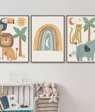 Boho Jungle Safari Dieren Canvas Muurdecoratie - Leeuw, Olifant, Luipaard & Regenboog Posters voor Kinderkamer