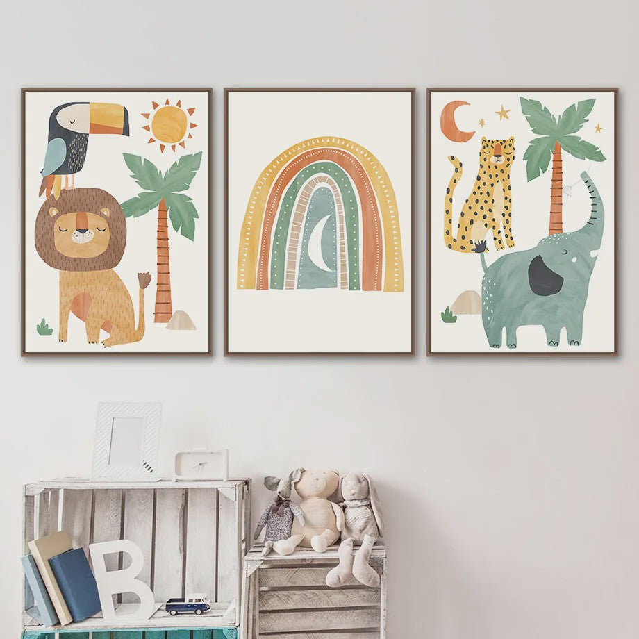 Boho Jungle Safari Dieren Canvas Muurdecoratie - Leeuw, Olifant, Luipaard & Regenboog Posters voor Kinderkamer
