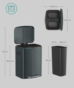 SONGMICS Pedaalemmer 2x20L - Metalen Dubbele Afvalbak met Zachte Sluiting