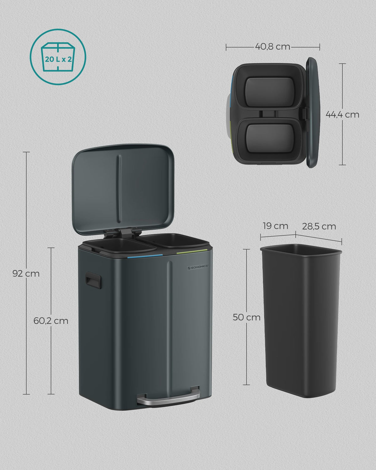 SONGMICS Pedaalemmer 2x20L - Metalen Dubbele Afvalbak met Zachte Sluiting
