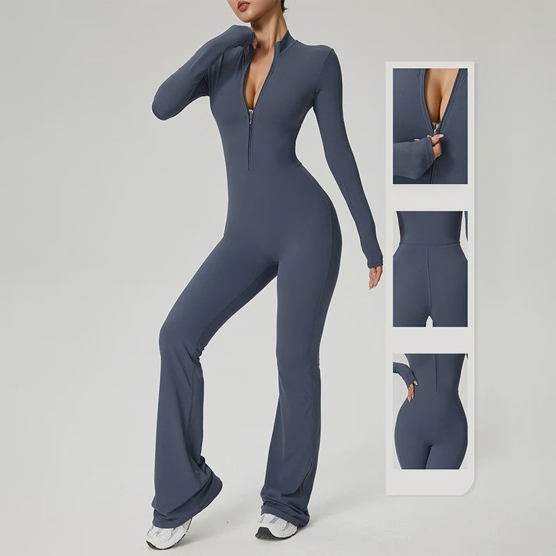 Dames Fitness Jumpsuit met Rits en Lange Mouwen - Perfect voor Yoga, Gym & Workout