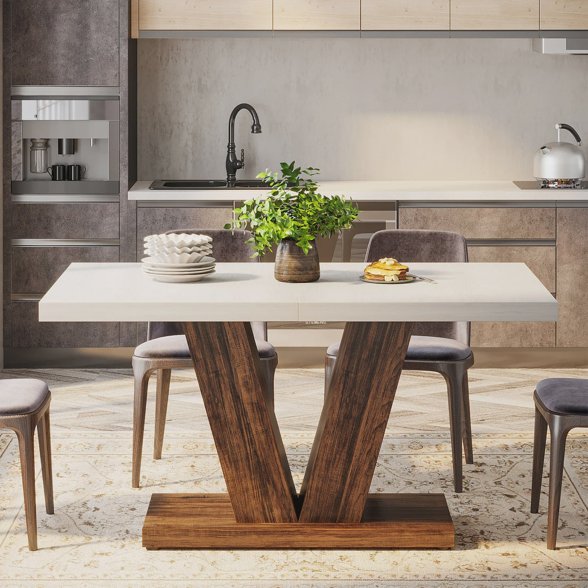 Moderne Eettafel Wit 120x80cm voor 4 Personen - Stijlvolle Keukentafel met Unieke Houten Poot