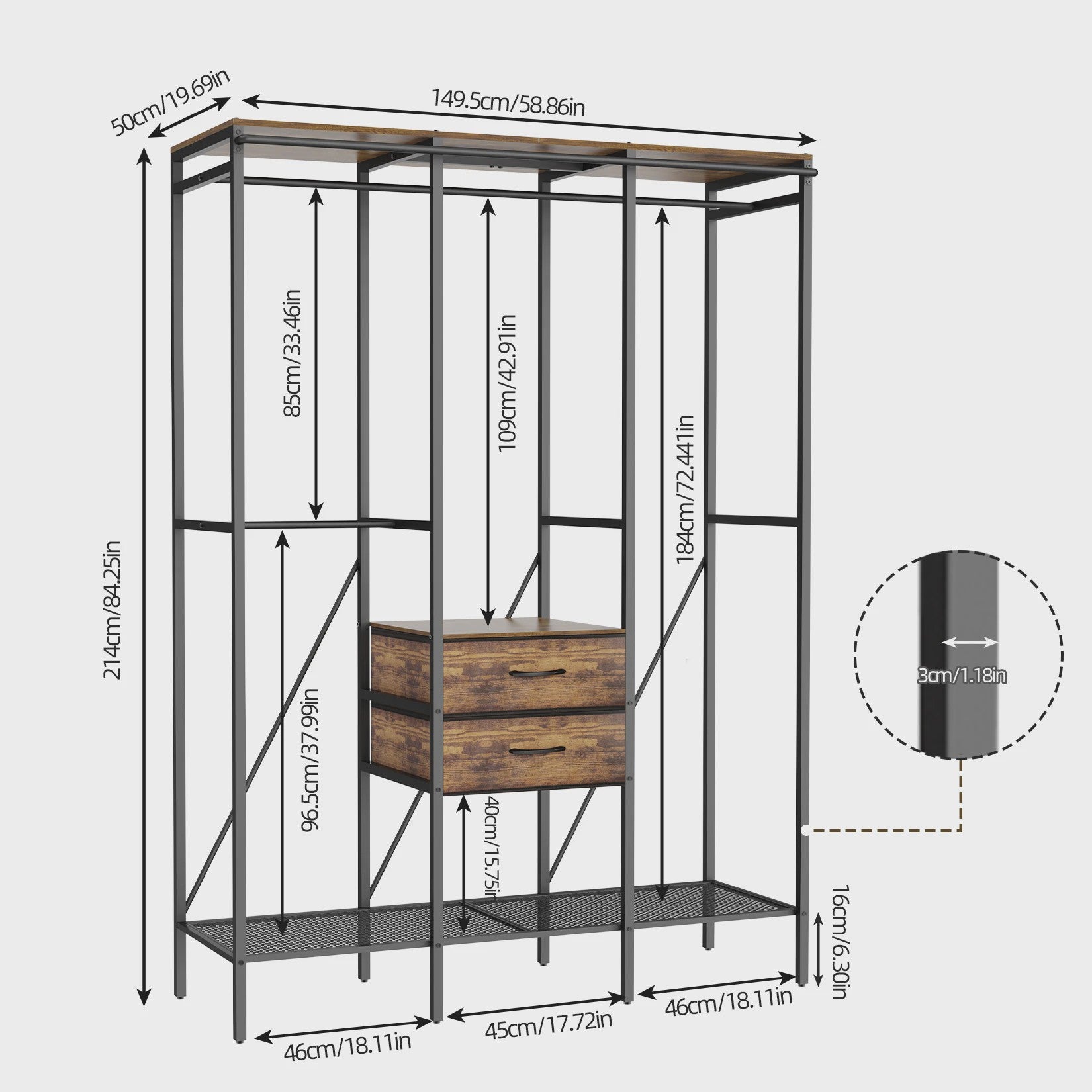 Robuuste Kledingkast met Gordijn, 3 Planken en 2 Lades - Open Garderoberek