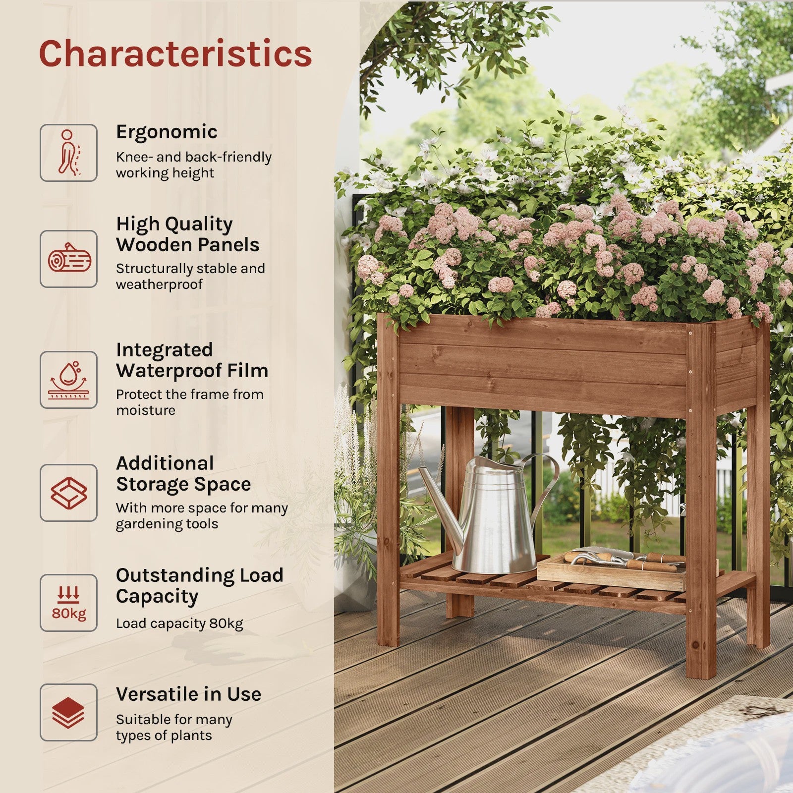 Houten Verhoogd Plantenbak met Plank - 80x75x40cm - Tuin & Balkon