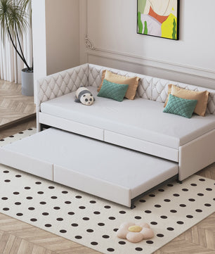 Velours Slaapbank Beige 90x200cm met Uitschuifbaar Ondermatras