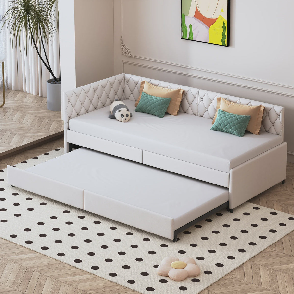 Velours Slaapbank Beige 90x200cm met Uitschuifbaar Ondermatras