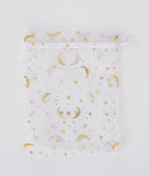 50x Organza Cadeauzakjes met Maan & Sterren - Wit met Goud - Ideaal voor Sieraden, Snoep & Feestelijke Gunsten