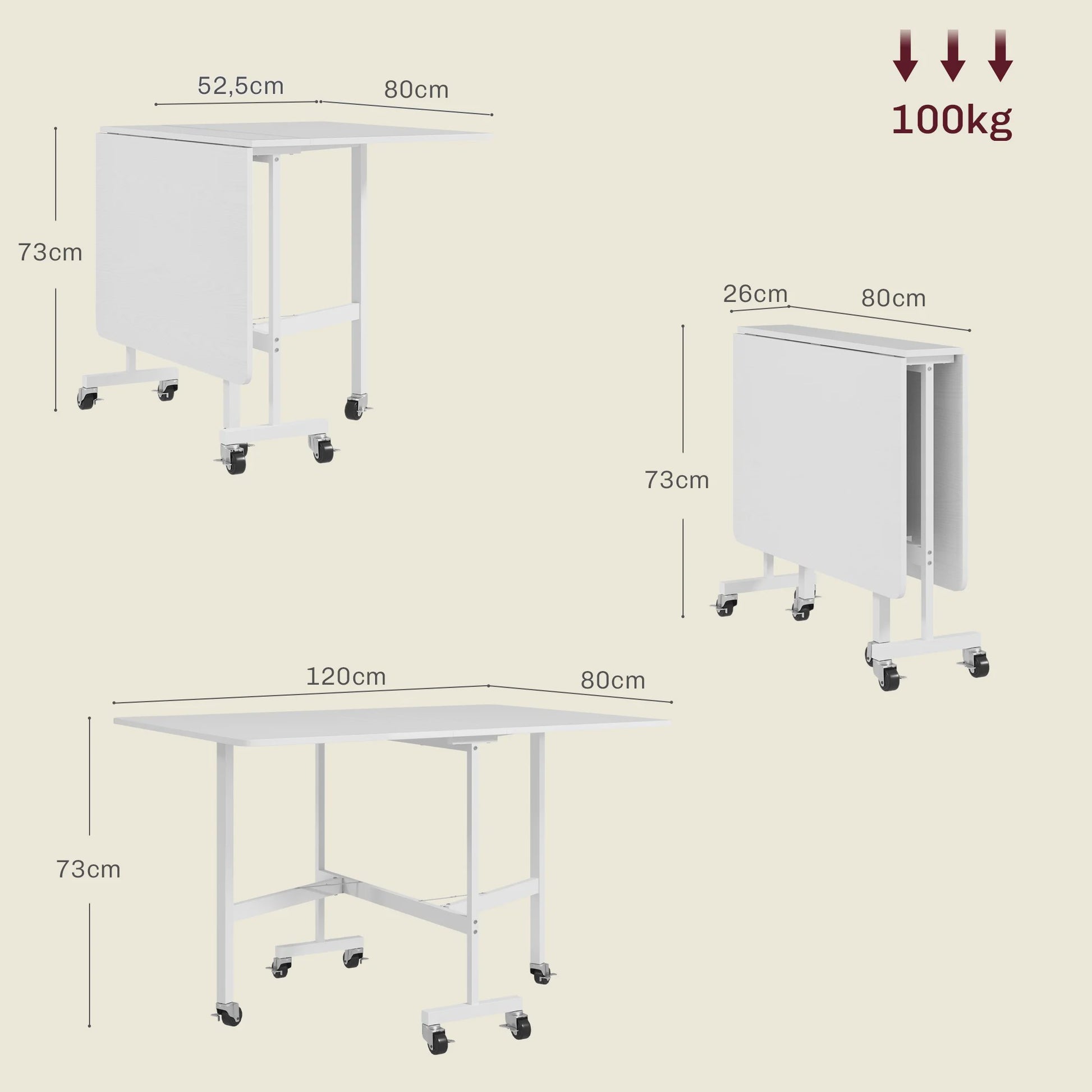 Homcom Klaptafel Eettafel voor 4-6 Personen met Wielen 120x80x73 cm