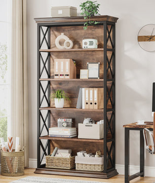 Industriële 6-Tier Boekenkast - 180 cm Hoge Open Opbergkast met 5 Planken