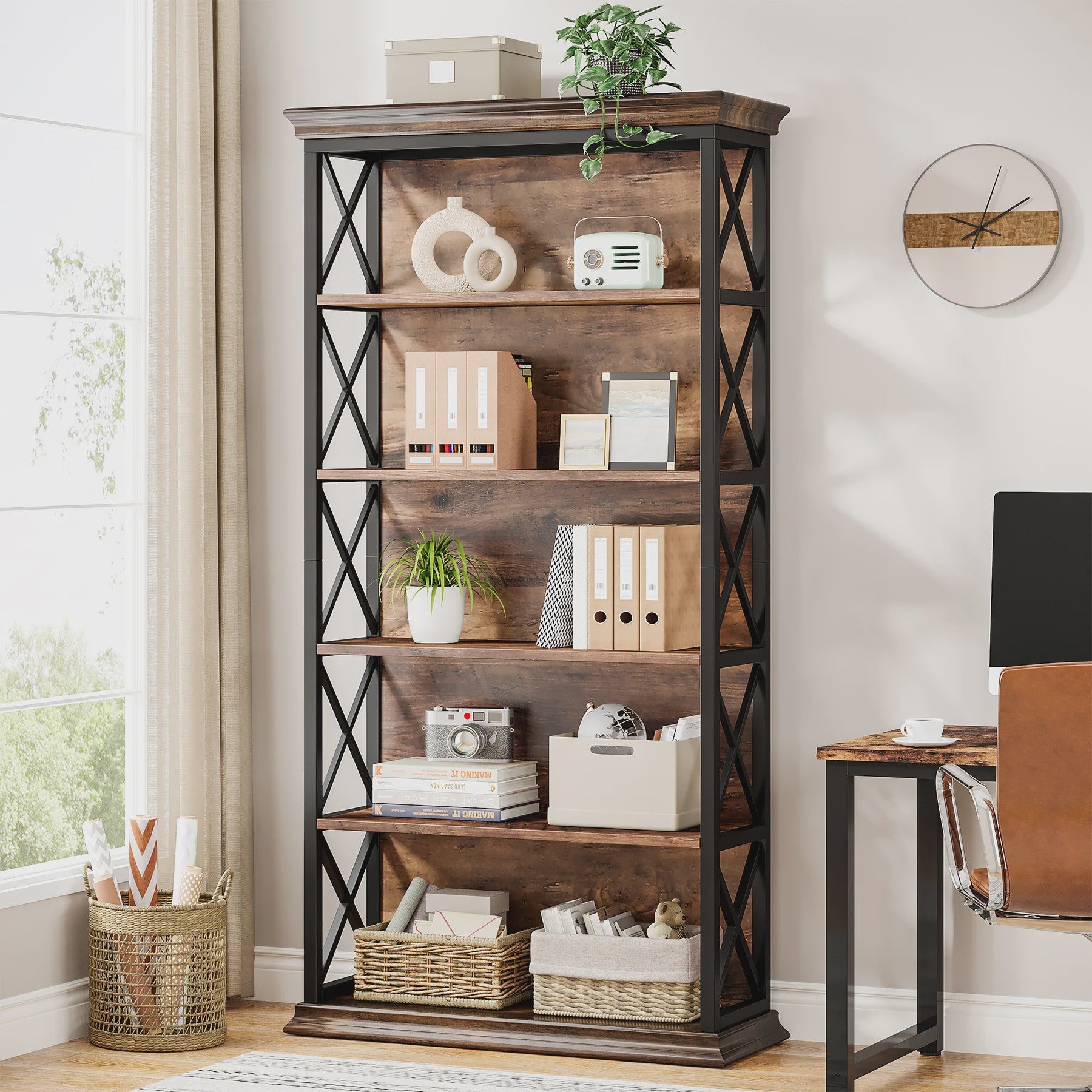 Industriële 6-Tier Boekenkast - 180 cm Hoge Open Opbergkast met 5 Planken