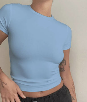 Dames Slim Fit Gebreid T-shirt met Ronde Hals - Korte Mouwen