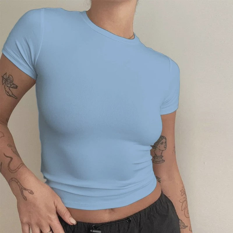 Dames Slim Fit Gebreid T-shirt met Ronde Hals - Korte Mouwen