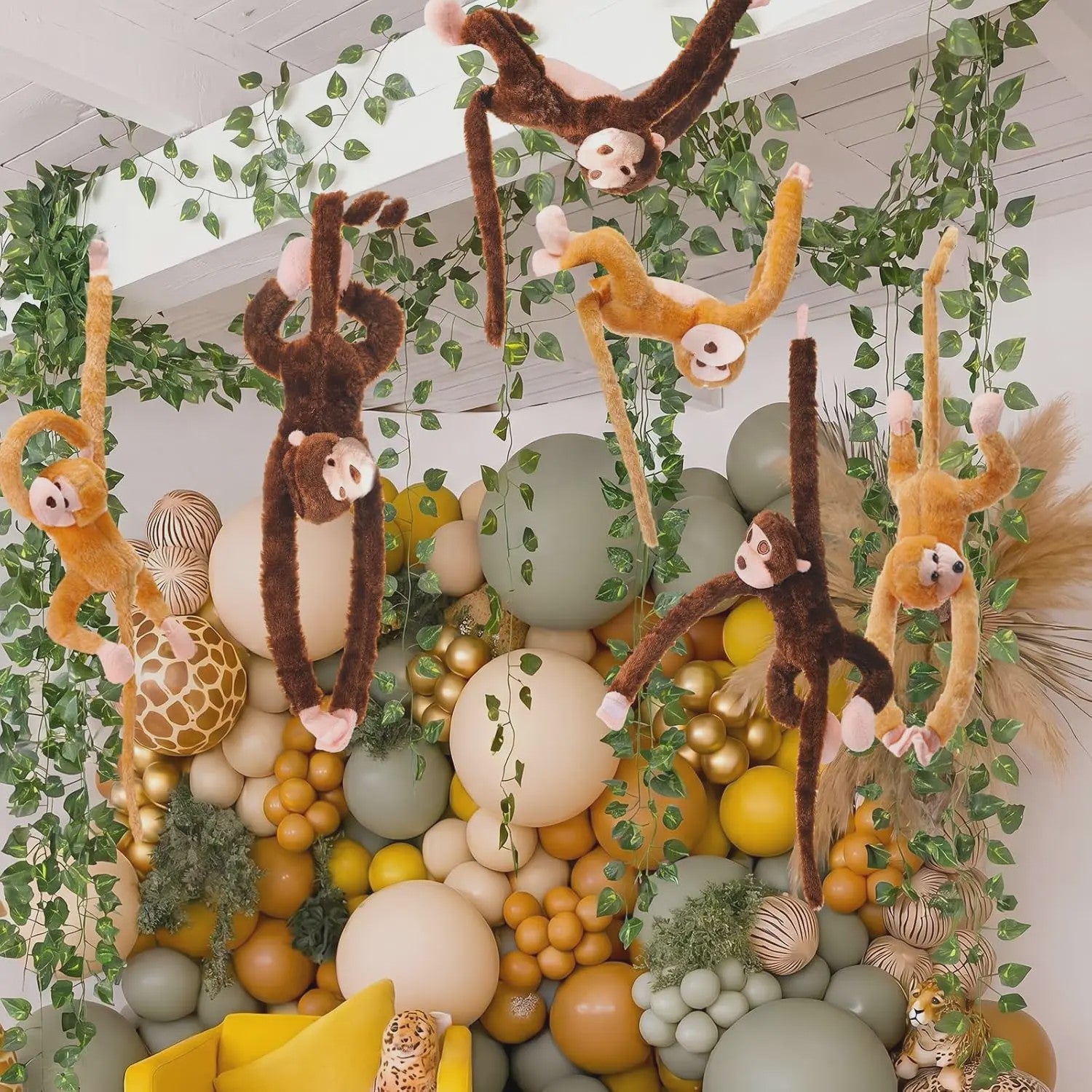6 Stuks Hangende Pluche Apen met Kunstranken - Jungle & Safari Decoratie
