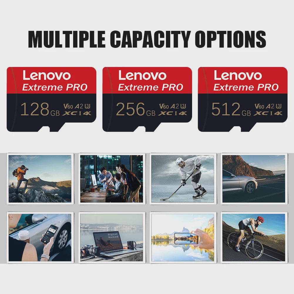 Lenovo Extreme PRO Micro SDXC Kaart 128GB/256GB/512GB U3 V60 A2 - High-Speed TF Flash voor Drone & Action Camera
