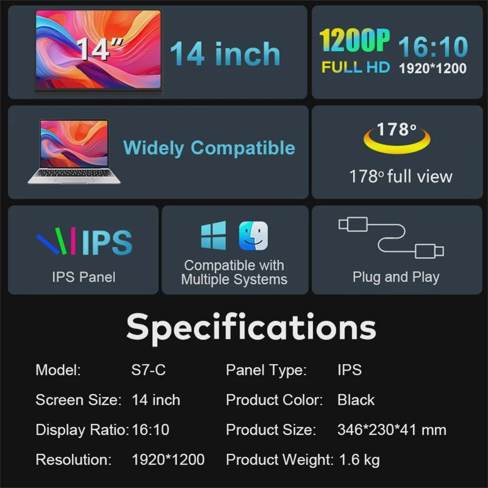 14-inch Draagbare Dual Laptop Monitor - Full HD Uitbreidbaar Scherm voor Productiviteit