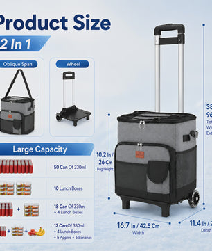 50L Large Cool Bag Box on Wheels, Leakproof Insulated Cooler Bag with Stable All Terrain Cart Handle, Portable Wheeled Picnic Thermal Bag for Camping Beach Fishing Grocery Shopping Travel