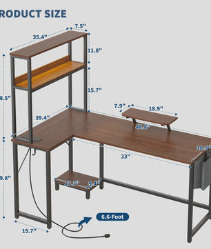L-vormig Gaming Bureau met LED Verlichting, Stopcontacten en Monitorstandaard