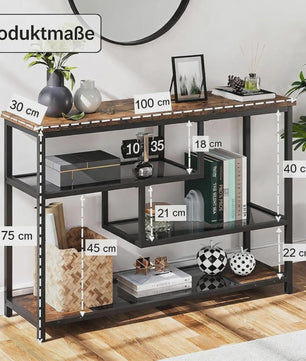 Industriële Vintage Console Tafel met 4 Niveaus en Glazen Bladen
