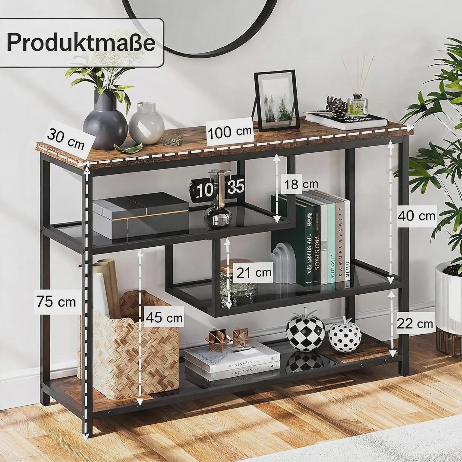 Industriële Vintage Console Tafel met 4 Niveaus en Glazen Bladen