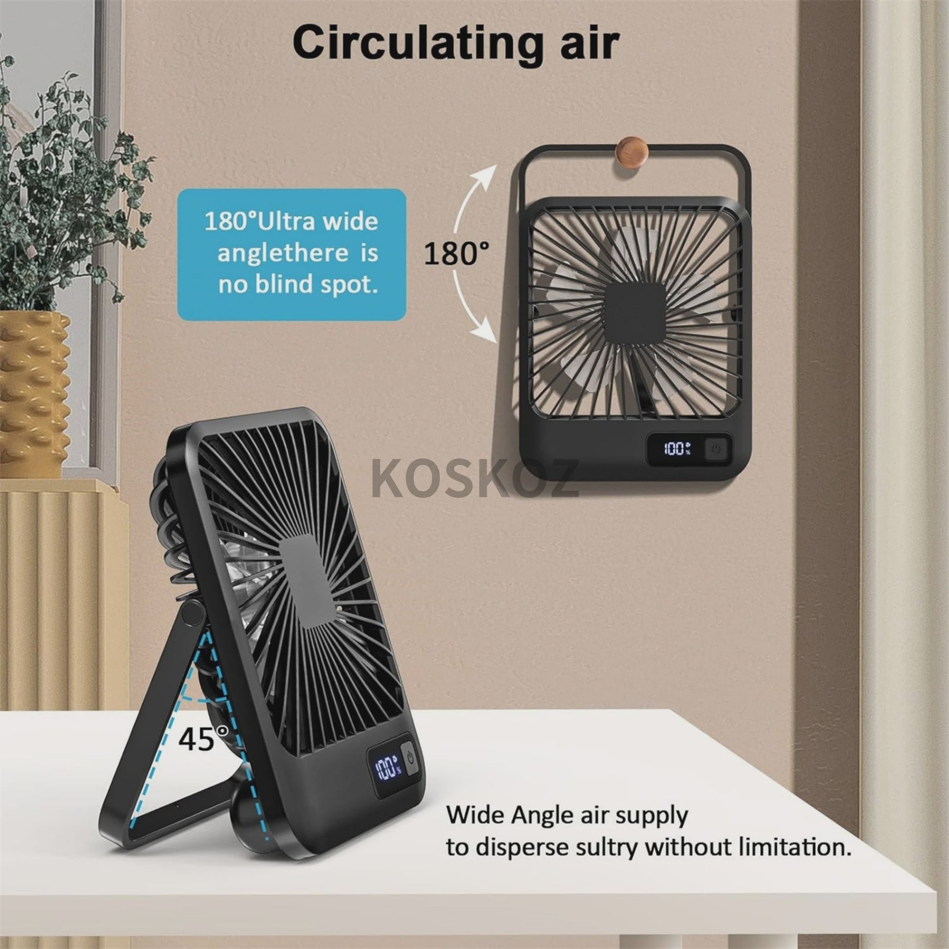 Draagbare USB Ventilator met 5 standen, 180° kantelbaar en stil