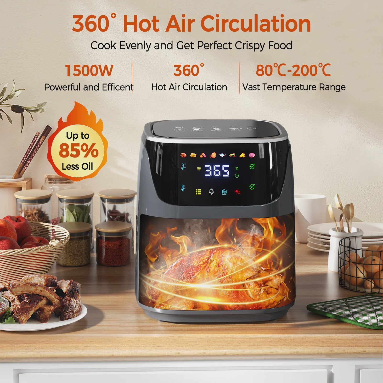 7L Airfryer met Zichtvenster - 1500W, Digitaal Touchscreen, Vaatwasserbestendig