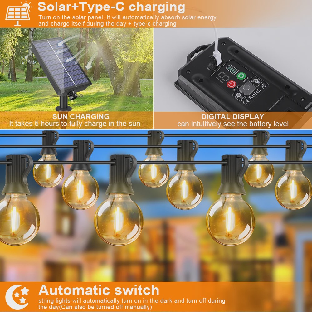 G40 Solar Tuinslinger met 25 Globe LED Lampen - Waterdicht & Dimbare Verlichting