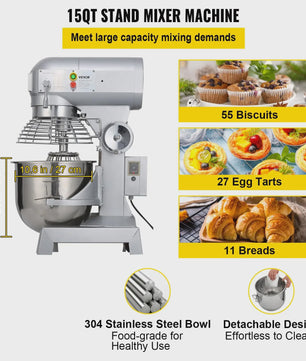 SucceBuy 15QT Industriële Keukenmixer - 3 Snelheden, RVS Kom & Accessoires