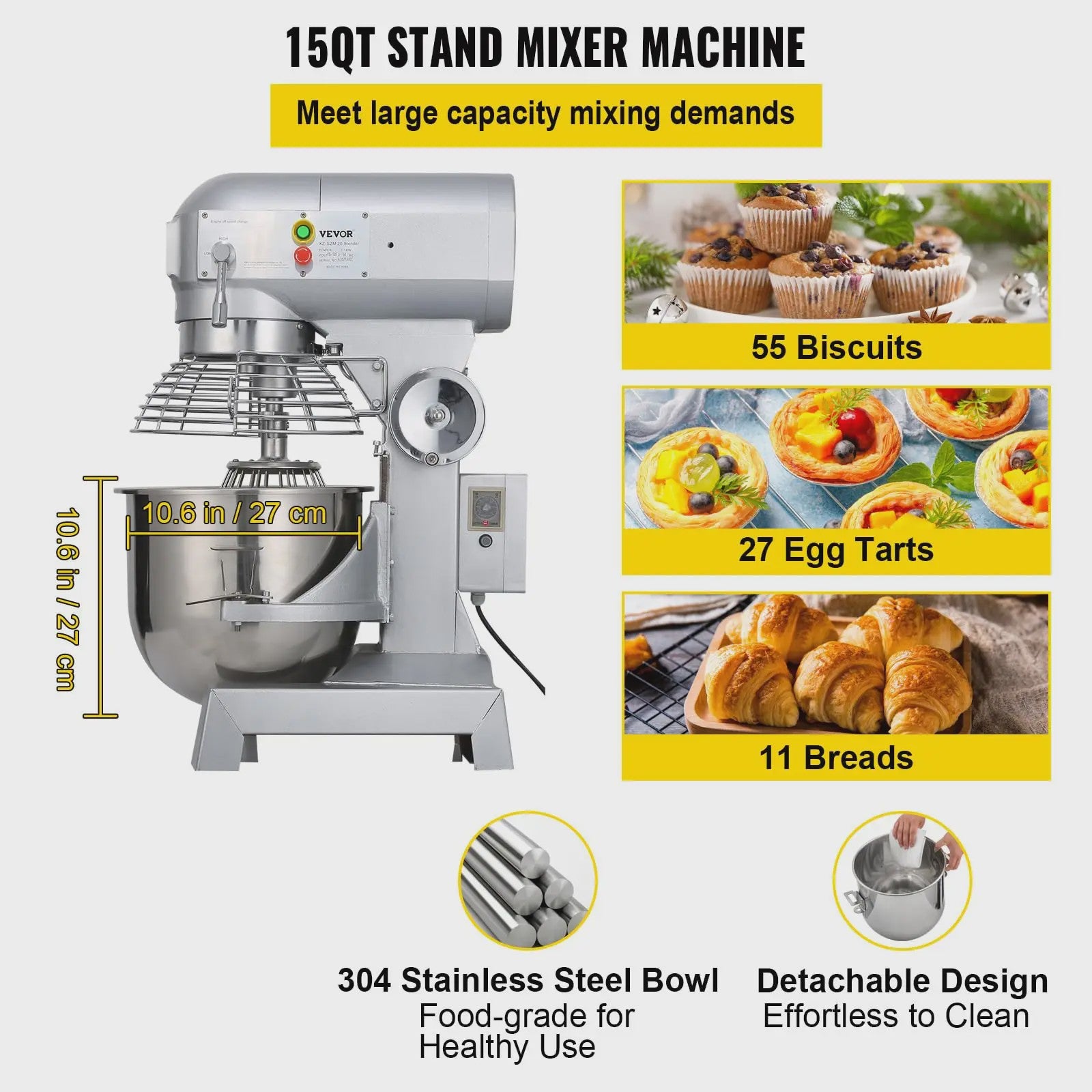 SucceBuy 15QT Industriële Keukenmixer - 3 Snelheden, RVS Kom & Accessoires