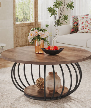 Industriële Ronde Salontafel met 2 Niveaus - 100cm - Houtlook & Metaal