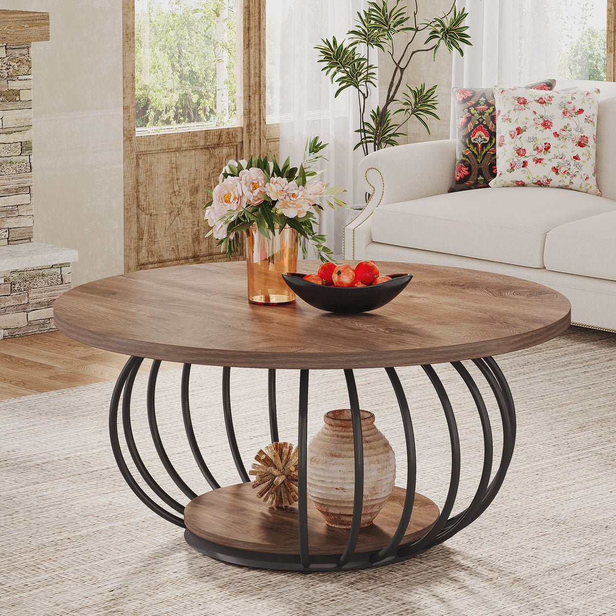 Industriële Ronde Salontafel met 2 Niveaus - 100cm - Houtlook & Metaal