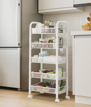 5-Laags Keuken Trolley met Wielen - Carbon Staal Opbergrek met Haken