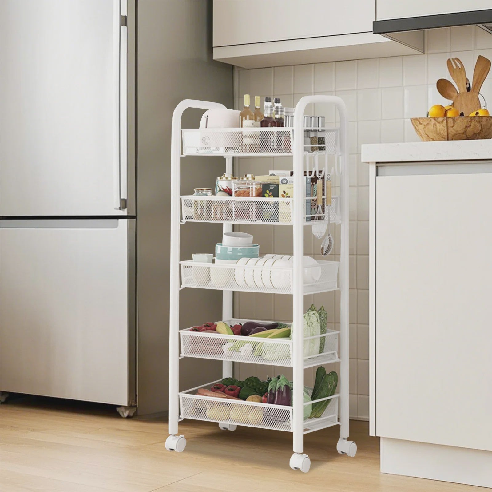 5-Laags Keuken Trolley met Wielen - Carbon Staal Opbergrek met Haken