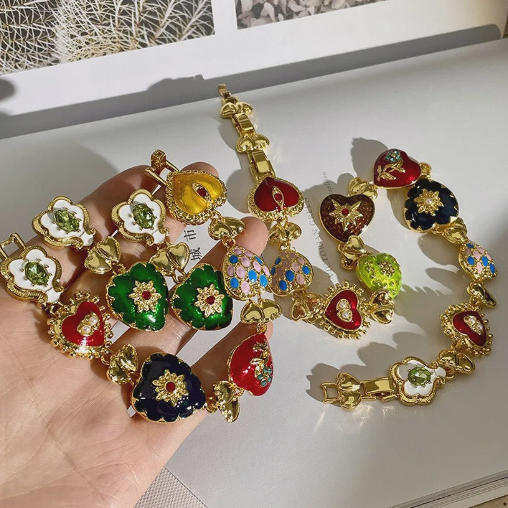 Retro Kleurrijke Hart & Bloem Ketting & Oorbellen Set - Paleis Stijl